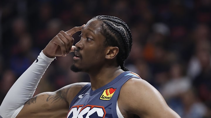 Apr 22, 2026; Oklahoma City, Oklahoma, USA; Oklahoma City Thunder guard Jalen Williams (8) gestures to his team before a play against the Phoenix Suns in the first half during game two of the first round of the 2026 NBA Playoffs at Paycom Center. Mandatory Credit: Alonzo Adams-Imagn Images