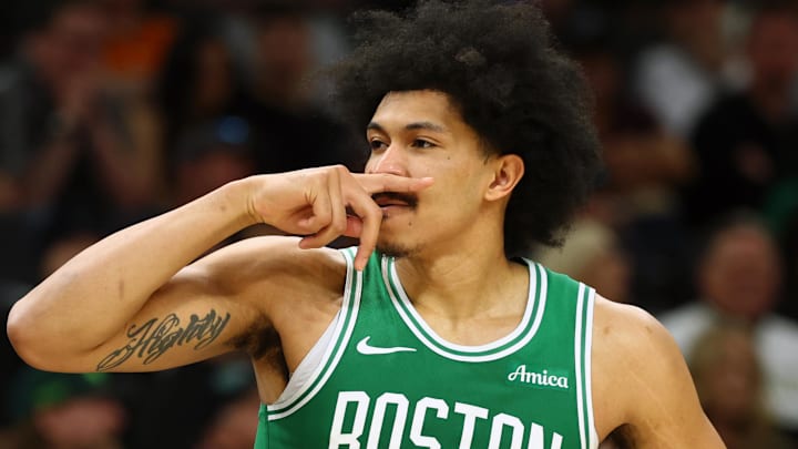 Feb 24, 2026; Phoenix, Arizona, USA; Boston Celtics guard Ron Harper Jr. (13) celebrates a three point shot against the Phoenix Suns in the second half at Mortgage Matchup Center. Mandatory Credit: Mark J. Rebilas-Imagn Images Feb 24, 2026; Phoenix, Arizona, USA; Boston Celtics guard Ron Harper Jr. (13) celebrates a three point shot against the Phoenix Suns in the second half at Mortgage Matchup Center. Mandatory Credit: Mark J. Rebilas-Imagn Images