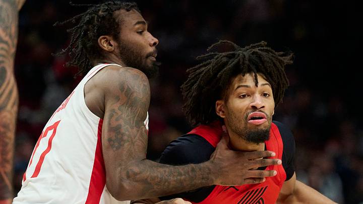 Portland Trail Blazers guard Shaedon Sharpe drives to the basket against Houston Rockets forward Tari Eason. Portland Trail Blazers guard Shaedon Sharpe drives to the basket against Houston Rockets forward Tari Eason.