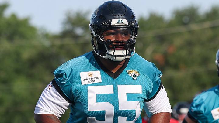 Jul 23, 2025; Jacksonville, FL, USA; Jacksonville Jaguars guard Chuma Edoga (55) participates in training camp at Miller Electric Center. Mandatory Credit: Nathan Ray Seebeck-Imagn Images