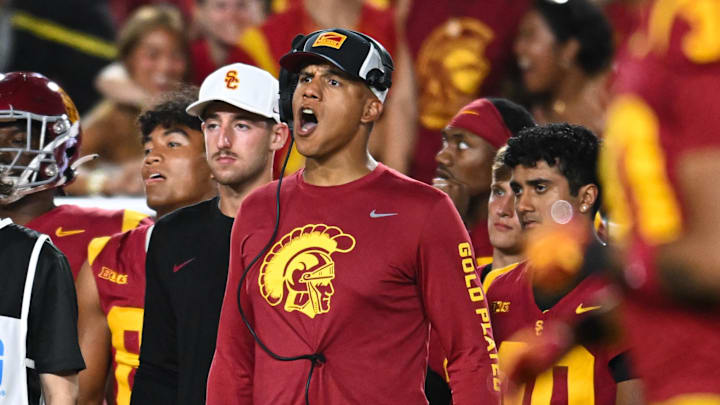 Sep 7, 2024; Los Angeles, California, USA; USC Trojans defensive coordinator D'Anton Lynn reacts against the Utah State Aggies during the fourth quarter at United Airlines Field at Los Angeles Memorial Coliseum. Mandatory Credit: Jonathan Hui-Imagn Images
