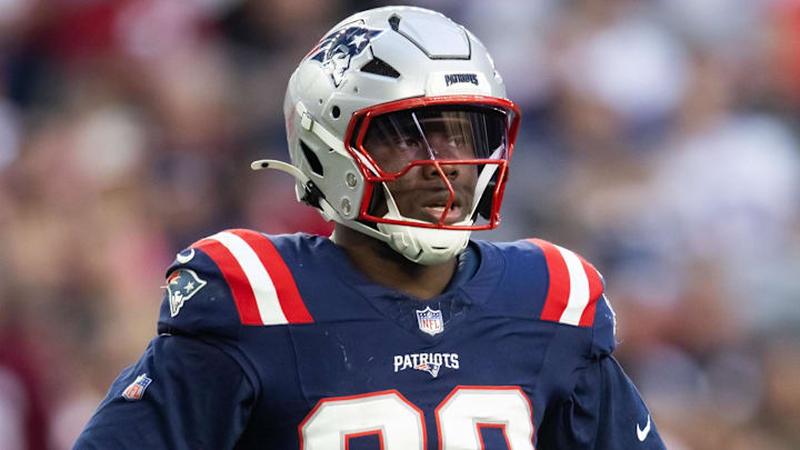 Dec 15, 2024; Glendale, Arizona, USA; Former New England Patriots defensive end Keion White (99) against the Arizona Cardinals at State Farm Stadium. Mandatory Credit: Mark J. Rebilas-Imagn Images