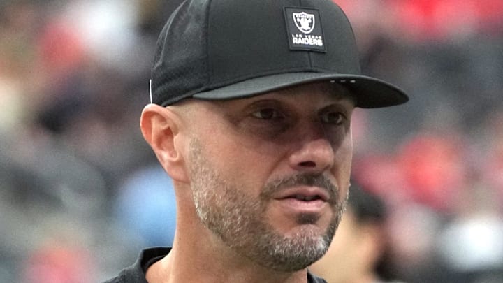 Jan 4, 2026; Paradise, Nevada, USA; Las Vegas Raiders general manager John Spytek reacts during the game against the Kansas City Chiefs at Allegiant Stadium. Mandatory Credit: Kirby Lee-Imagn Images