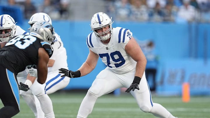 Nov 5, 2023; Charlotte, North Carolina, USA; Indianapolis Colts offensive tackle Bernhard Raimann (79) during the first quarter against the Carolina Panthers at Bank of America Stadium. 