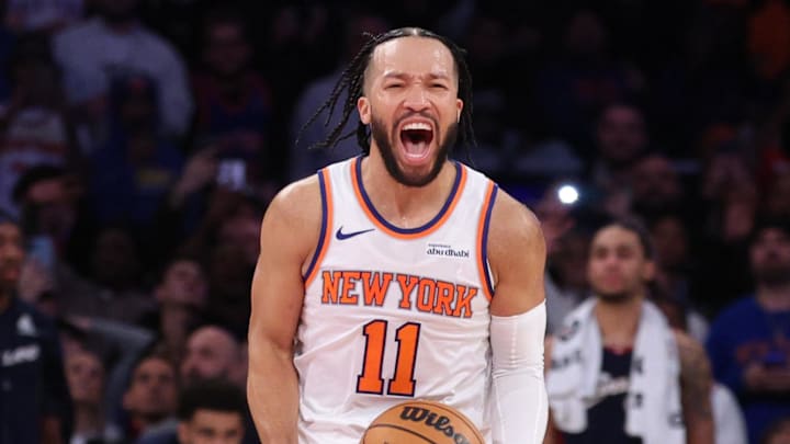 Dec 25, 2025; New York, New York, USA; New York Knicks guard Jalen Brunson (11) reacts during the fourth quarter against the Cleveland Cavaliers at Madison Square Garden. Mandatory Credit: Vincent Carchietta-Imagn Images