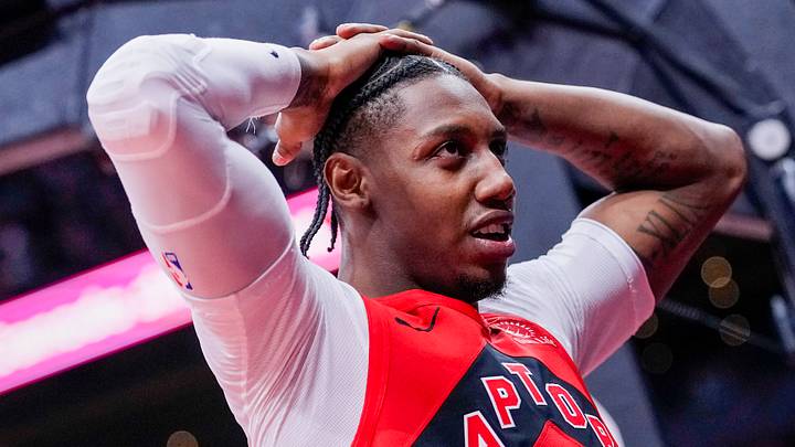 Apr 12, 2026; Toronto, Ontario, CAN; Toronto Raptors RJ Barrett (9) reacts during a NBA game against the Brooklyn Nets during the second half at Scotiabank Arena. Mandatory Credit: Kevin Sousa-Imagn Images