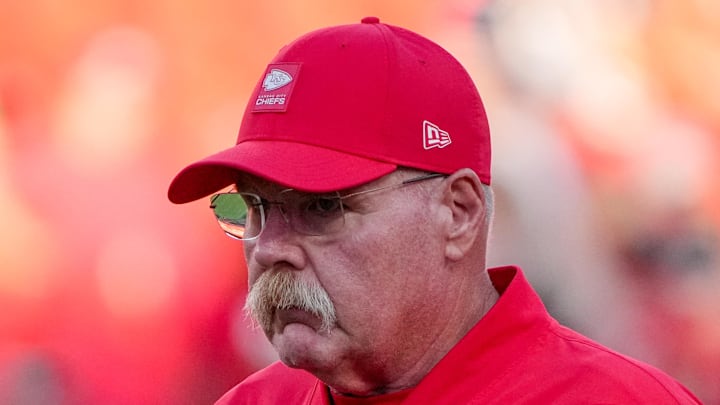 Aug 22, 2025; Kansas City, Missouri, USA; Kansas City Chiefs head coach Andy Reid on field against the Chicago Bears during the first half of the game at GEHA Field at Arrowhead Stadium. Mandatory Credit: Denny Medley-Imagn Images