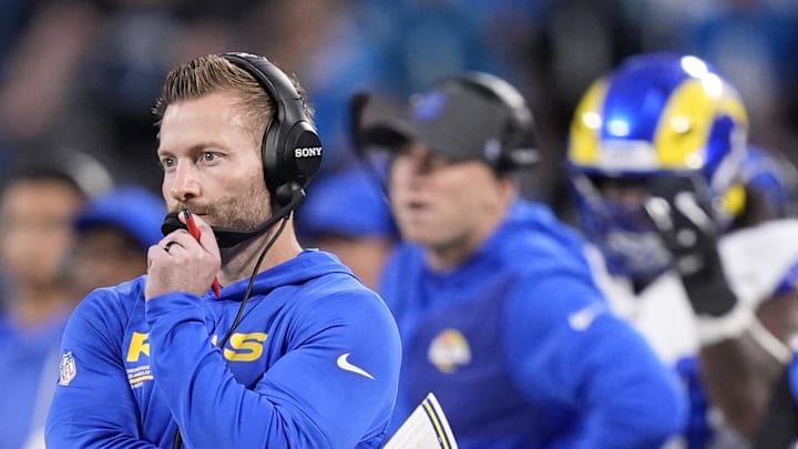 Jan 10, 2026; Charlotte, NC, USA; Los Angeles Rams head coach Sean McVay in the first half during the NFC Wild Card Round game at Bank of America Stadium. Mandatory Credit: Jim Dedmon-Imagn Images