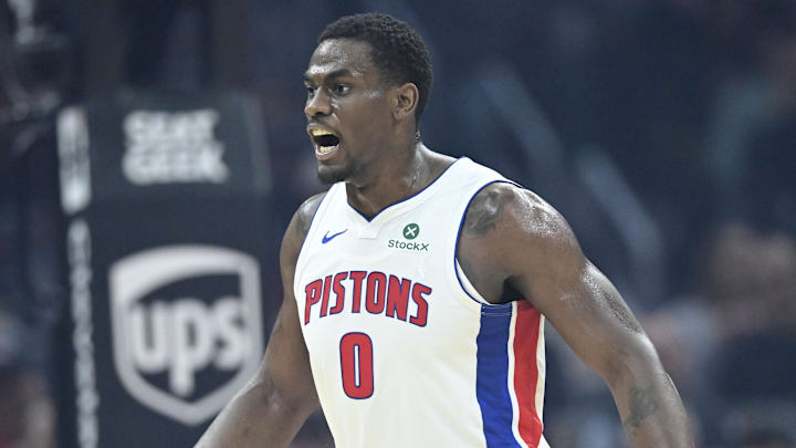 Mar 3, 2026; Cleveland, Ohio, USA; Detroit Pistons center Jalen Duren (0) reacts in the first quarter against the Cleveland Cavaliers at Rocket Arena. Mandatory Credit: David Richard-Imagn Images