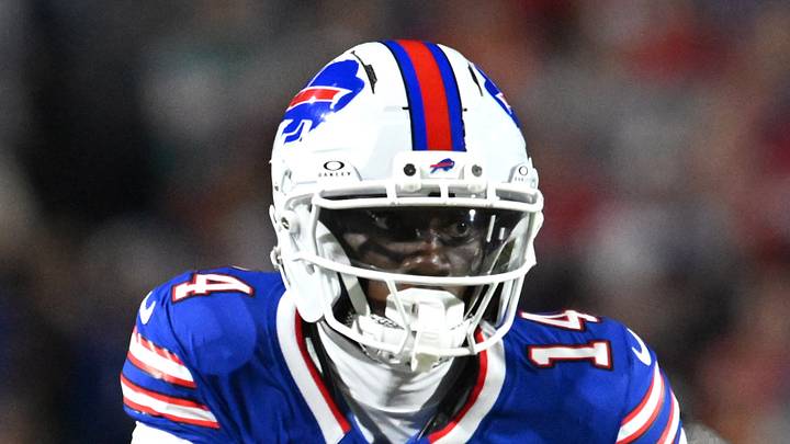 Sep 18, 2025; Orchard Park, New York, USA; Buffalo Bills wide receiver Tyrell Shavers (14) runs against the Miami Dolphins in the first half at Highmark Stadium. Mandatory Credit: Mark Konezny-Imagn Images
