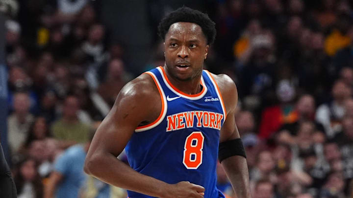 Nov 25, 2024; Denver, Colorado, USA; New York Knicks guard Jalen Brunson (11) reacts towards forward OG Anunoby (8) in the second quarter against the Denver Nuggets at Ball Arena. Mandatory Credit: Ron Chenoy-Imagn Images Nov 25, 2024; Denver, Colorado, USA; New York Knicks guard Jalen Brunson (11) reacts towards forward OG Anunoby (8) in the second quarter against the Denver Nuggets at Ball Arena. Mandatory Credit: Ron Chenoy-Imagn Images