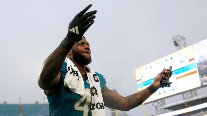 Jacksonville Jaguars defensive end Josh Hines-Allen (41) runs off the field after the game of an NFL football game at EverBank Stadium, Sunday, Dec. 7, 2025, in Jacksonville, Fla. The Jaguars defeated the Colts 36-19. Jacksonville Jaguars defensive end Josh Hines-Allen (41) runs off the field after the game of an NFL football game at EverBank Stadium, Sunday, Dec. 7, 2025, in Jacksonville, Fla. The Jaguars defeated the Colts 36-19.