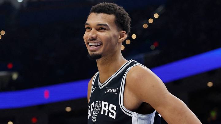 Dec 25, 2025; Oklahoma City, Oklahoma, USA; San Antonio Spurs forward Victor Wembanyama (1) smiles after a play against the Oklahoma City Thunder during the second half at Paycom Center. Mandatory Credit: Alonzo Adams-Imagn Images