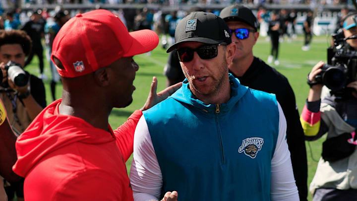 Jacksonville Jaguars head coach Liam Coen greets Houston Texans head coach DeMeco Ryans after the game of an NFL football matchup at EverBank Stadium, Sunday, Sept. 21, 2025, in Jacksonville, Fla. The Jaguars defeated the Texans 17-10.