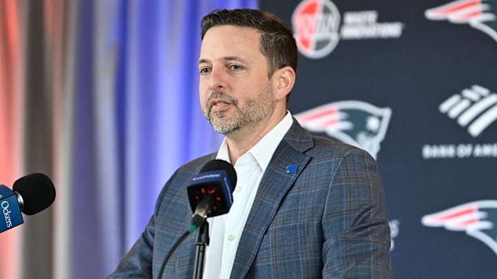 Mar 13, 2025; Foxborough, MA, USA; New England Patriots executive vice president of player personnel Eliot Wolf  discusses the teamís recent free agent additions with the media at Gillette Stadium. Mandatory Credit: Eric Canha-Imagn Images