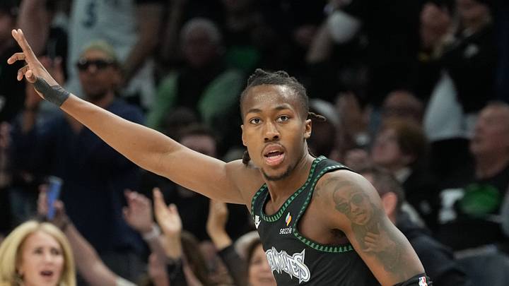 May 8, 2026; Minneapolis, Minnesota, USA; Minnesota Timberwolves guard Ayo Dosunmu (13) celebrates making a three point shot against the San Antonio Spurs in the second half during game three of the second round of the 2026 NBA Playoffs at Target Center. Mandatory Credit: Jesse Johnson-Imagn Images