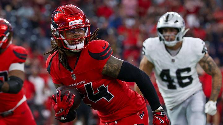 Dec 21, 2025; Houston, Texas, USA; Houston Texans cornerback Derek Stingley Jr. (24) returns an interception for a touchdown against the Las Vegas Raiders in the first quarter at NRG Stadium. Mandatory Credit: Thomas Shea-Imagn Images