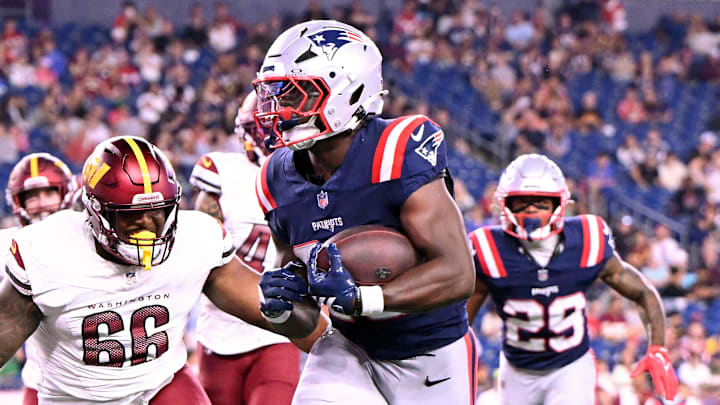 Aug 8, 2025; Foxborough, Massachusetts, USA; New England Patriots running back Terrell Jennings (26) scores a touchdown against the Washington Commanders during the second half at Gillette Stadium. Mandatory Credit: Brian Fluharty-Imagn Images Aug 8, 2025; Foxborough, Massachusetts, USA; New England Patriots running back Terrell Jennings (26) scores a touchdown against the Washington Commanders during the second half at Gillette Stadium. Mandatory Credit: Brian Fluharty-Imagn Images