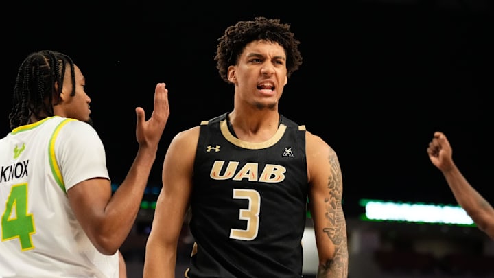 Mar 16, 2024; Fort Worth, TX, USA;  UAB Blazers forward Yaxel Lendeborg (3) reacts after a score against South Florida Bulls guard Kobe Knox (4) during the second half at Dickies Arena. Mandatory Credit: Chris Jones-Imagn Images