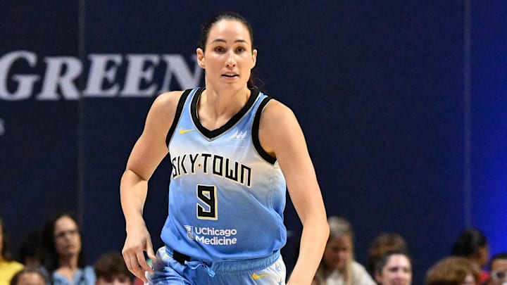 Aug 13, 2025; Uncasville, Connecticut, USA; Chicago Sky guard Rebecca Allen (9) dribbles against the Connecticut Sun during the first half at Mohegan Sun Arena. Mandatory Credit: Eric Canha-Imagn Images
