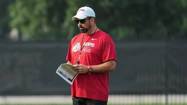 Ohio State Buckeyes head coach Ryan Day watches during the first practice of training camp at the Woody Hayes Athletic Center in Columbus on Aug. 6, 2026.