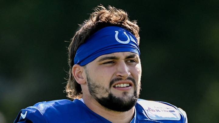 Indianapolis Colts defensive end Caden Curry participates in a drill