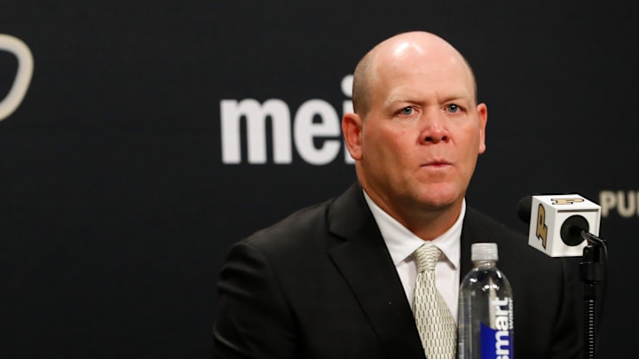 Purdue football head coach Barry Odom addresses the media 