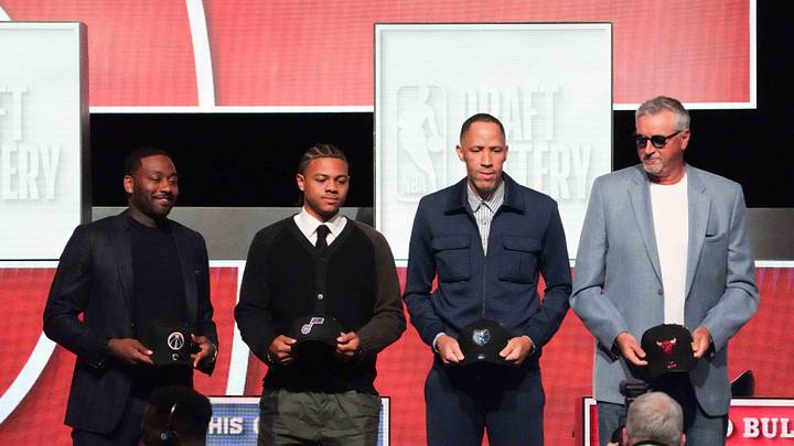 May 10, 2026; Chicago, IL, USA; Washington Wizards former player John Wall, Utah Jazz former player Keynote George, Memphis Grizzlies former player Tayshaun Prince and Chicago Bulls former player Toni Kukoc pose for a photo during the 2026 NBA Draft Lottery at Navy Pier. Mandatory Credit: David Banks-Imagn Images