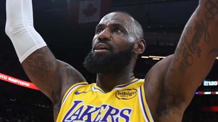 Dec 4, 2025; Toronto, Ontario, CAN; Los Angeles Lakers forward LeBron James (23) reacts after a win over the Toronto Raptors at Scotiabank Arena.