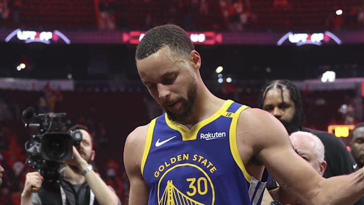 Apr 20, 2025; Houston, Texas, USA; Golden State Warriors guard Stephen Curry (30) walks off the court after the game against the Houston Rockets at Toyota Center. Mandatory Credit: Troy Taormina-Imagn Images
