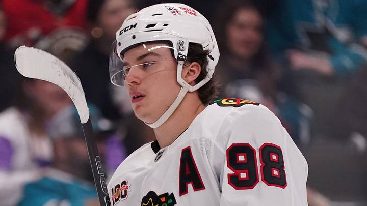 Apr 6, 2026; San Jose, California, USA;  Chicago Blackhawks center Connor Bedard (98) waits for play to resume during a game against the San Jose Sharks in the second period at SAP Center at San Jose. Mandatory Credit: David Gonzales-Imagn Images