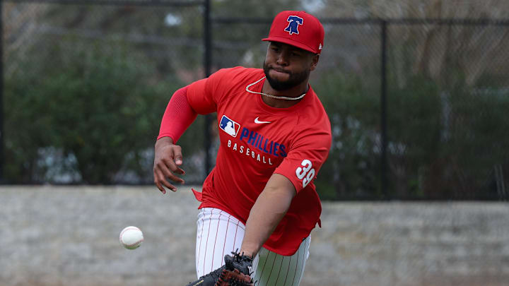 Feb 16, 2025; Clearwater, FL, USA; Philadelphia Phillies pitcher Devin Sweet (39) participates in spring training workouts at BayCare Ballpark. Feb 16, 2025; Clearwater, FL, USA; Philadelphia Phillies pitcher Devin Sweet (39) participates in spring training workouts at BayCare Ballpark.