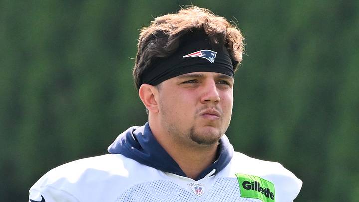 New England Patriots offensive tackle Will Campbell (66) walks to practice New England Patriots offensive tackle Will Campbell (66) walks to practice