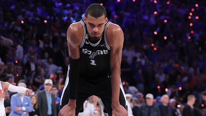 Jun 10, 2026; New York, New York, USA; San Antonio Spurs forward Victor Wembanyama (1) reacts in the fourth quarter against the New York Knicks during game four of the 2026 NBA Finals at Madison Square Garden. Mandatory Credit: Brad Penner-Imagn Images