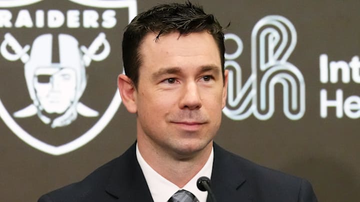Feb 10, 2026; Henderson, NV, USA; Las Vegas Raiders coach Klint Kubiak speaks at introductory press conference at Intermountain Health Performance Center. Mandatory Credit: Kirby Lee-Imagn Images