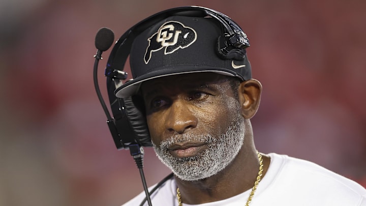 Sep 12, 2025; Houston, Texas, USA; Colorado Buffaloes head coach Deion Sanders looks on from the sideline during the first half against the Houston Cougars at TDECU Stadium. Mandatory Credit: Troy Taormina-Imagn Images