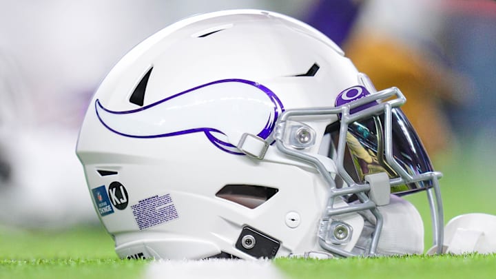 Dec 16, 2024; Minneapolis, Minnesota, USA; Minnesota Vikings Winter Warrior helmet before the game against the Chicago Bears at U.S. Bank Stadium.