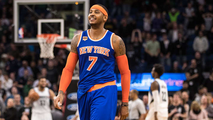 Nov 30, 2016; Minneapolis, MN, USA; New York Knicks forward Carmelo Anthony (7) celebrates his game-winning shot during the fourth quarter against the Minnesota Timberwolves at Target Center. The Knicks defeated the Timberwolves 106-104. Mandatory Credit: Brace Hemmelgarn-Imagn Images Nov 30, 2016; Minneapolis, MN, USA; New York Knicks forward Carmelo Anthony (7) celebrates his game-winning shot during the fourth quarter against the Minnesota Timberwolves at Target Center. The Knicks defeated the Timberwolves 106-104. Mandatory Credit: Brace Hemmelgarn-Imagn Images