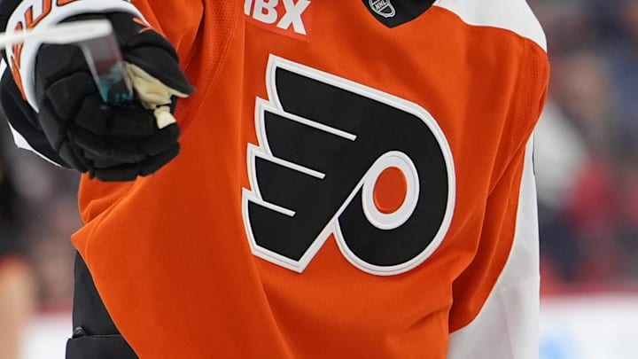 Mar 14, 2026; Philadelphia, Pennsylvania, USA; Philadelphia Flyers center Trevor Zegras (46) reacts with right wing Nikita Grebenkin (29) against the Columbus Blue Jackets in the second period at Xfinity Mobile Arena. Mandatory Credit: Kyle Ross-Imagn Images