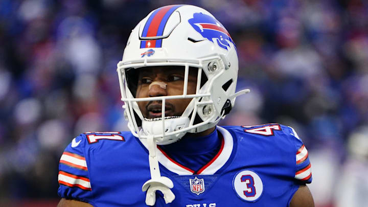 Jan 8, 2023; Orchard Park, New York, USA; Buffalo Bills full back Reggie Gilliam (41) with a number 3 on his jersey to show support for safety Damar Hamlin (3) during the second half against the New England Patriots at Highmark Stadium. Mandatory Credit: Gregory Fisher-Imagn Images