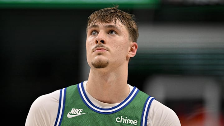 Oct 26, 2025; Dallas, Texas, USA; Dallas Mavericks forward Cooper Flagg (32) looks on during the second half against the Toronto Raptors at the American Airlines Center. Mandatory Credit: Jerome Miron-Imagn Images