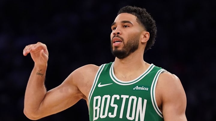 Apr 9, 2026; New York, New York, USA; Boston Celtics forward Jayson Tatum (0) reacts after three point attempt during the fourth quarter against the New York Knicks at Madison Square Garden. Mandatory Credit: Lucas Boland-Imagn Images