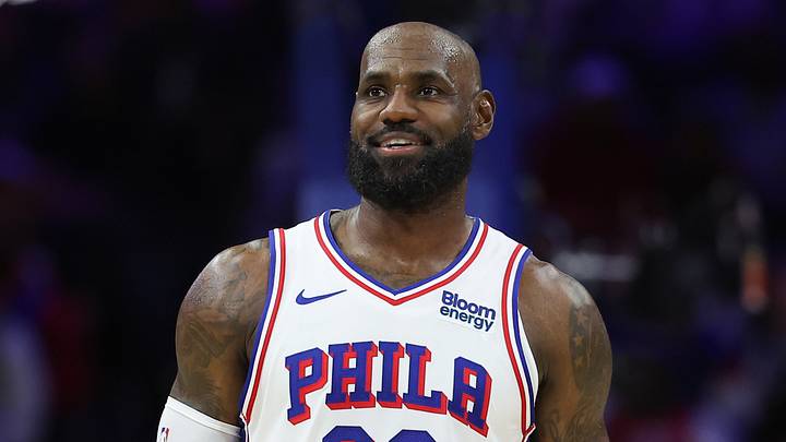 Oct 16, 2026; Philadelphia, Pennsylvania, USA; Philadelphia 76ers forward LeBron James (23) reacts in a game against the Boston Celtics at Xfinity Mobile Arena. Mandatory Credit: Bill Streicher-Imagn Images