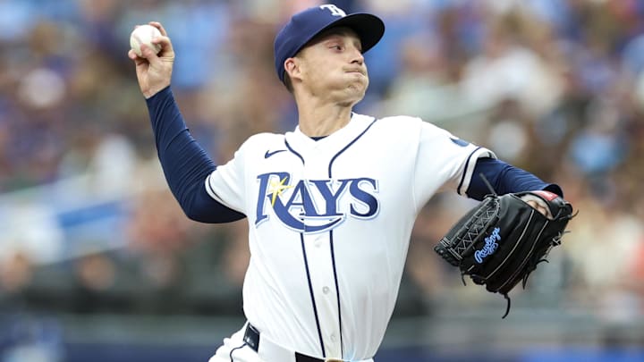 Apr 26, 2026; St. Petersburg, Florida, USA; Tampa Bay Rays starting pitcher Griffin Jax (22) throws a pitch against the Minnesota Twins in the first inning at Tropicana Field.