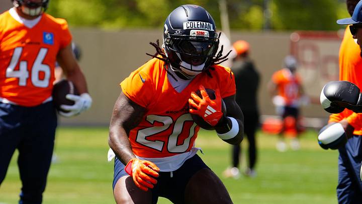 Jun 16, 2026; Englewood, CO, USA; Denver Broncos running back Jonah Coleman (20) during mini camp at Broncos Park. Jun 16, 2026; Englewood, CO, USA; Denver Broncos running back Jonah Coleman (20) during mini camp at Broncos Park.