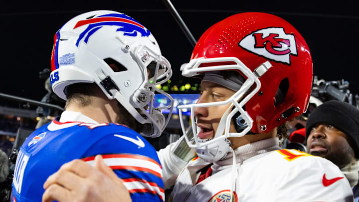 Jan 21, 2024; Orchard Park, New York, USA; Kansas City Chiefs quarterback Patrick Mahomes (15) greets Buffalo Bills quarterback Josh Allen (17) following the 2024 AFC divisional round game at Highmark Stadium. Mandatory Credit: Mark J. Rebilas-Imagn Images