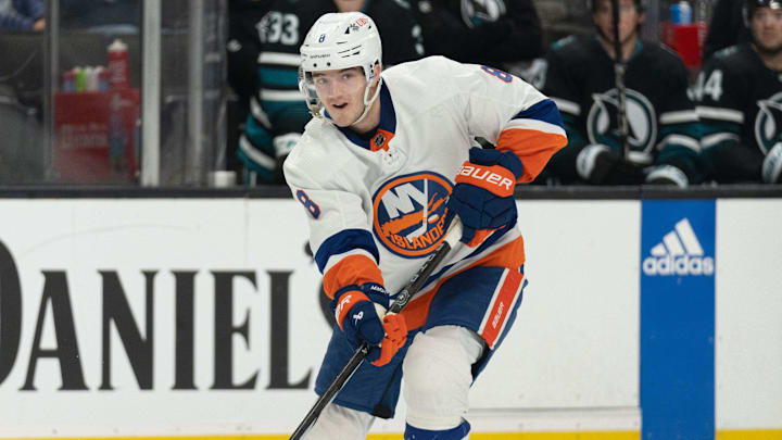 Mar 7, 2024; San Jose, California, USA;  New York Islanders defenseman Noah Dobson (8) passes the