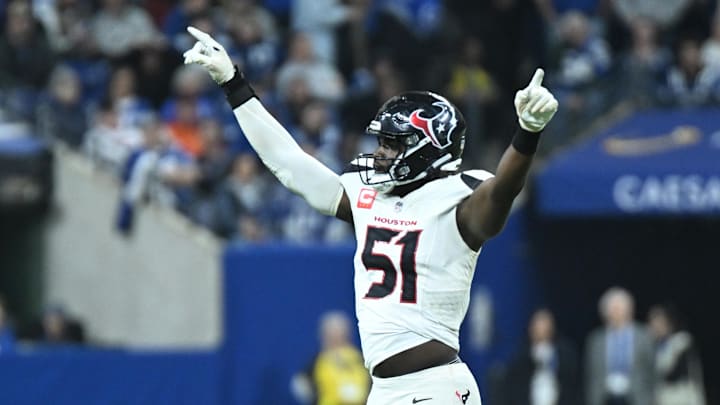 Nov 30, 2025; Indianapolis, Indiana, USA; Houston Texans defensive end Will Anderson Jr. (51) reacts after a play during the second half against the Indianapolis Colts at Lucas Oil Stadium. Mandatory Credit: Robert Goddin-Imagn Images