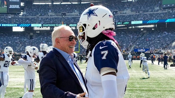 Dallas Cowboys owner Jerry Jones with cornerback Trevon Diggs on the field before a game against the New York Jets at MetLife Stadium. Dallas Cowboys owner Jerry Jones with cornerback Trevon Diggs on the field before a game against the New York Jets at MetLife Stadium.