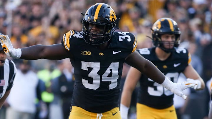 Iowa's Jay Higgins (34) lines up against Iowa State during the Cy-Hawk game Saturday, Sept. 7, 2024 at Kinnick Stadium in Iowa City, Iowa.
